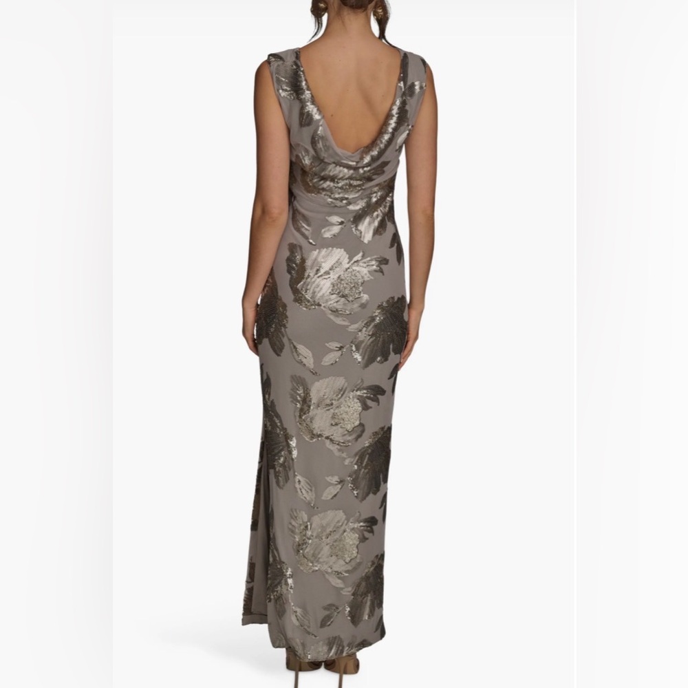 Donna Karan Taupe Floral Sequin Cowl Back Gown, Size 4